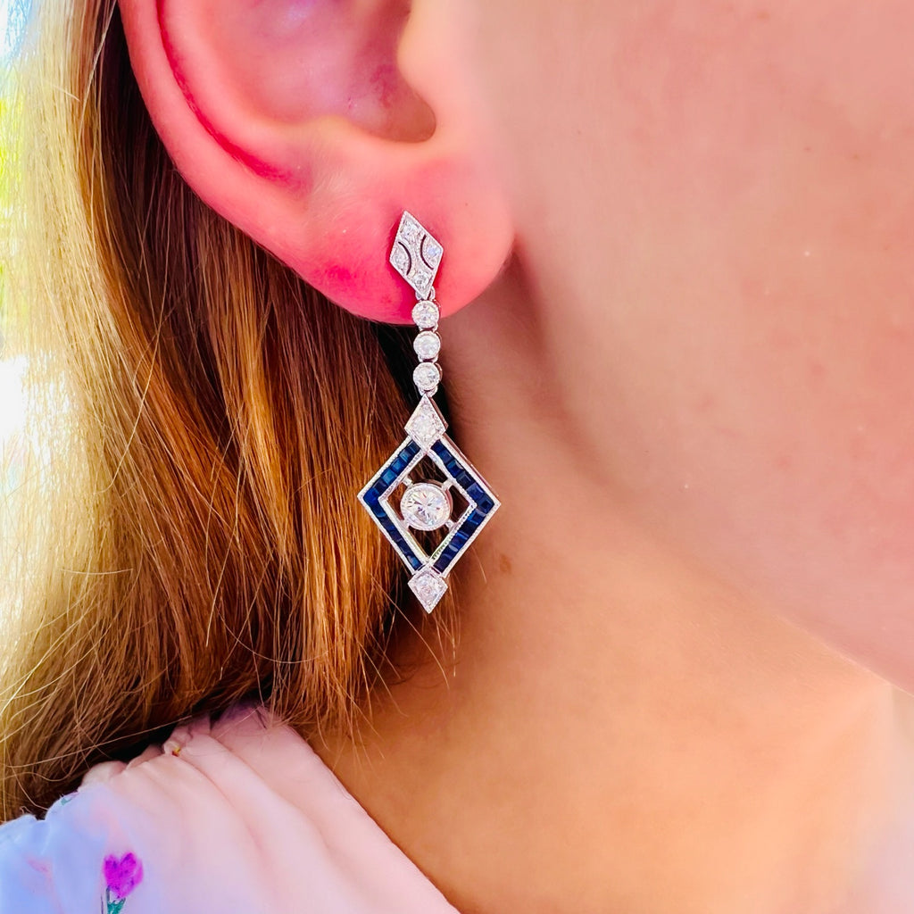 Platinum Diamond & Sapphire Deco Style Dangle Earrings