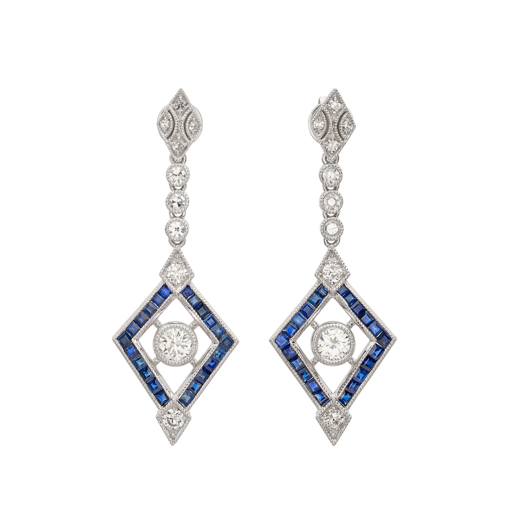 Platinum Diamond & Sapphire Deco Style Dangle Earrings