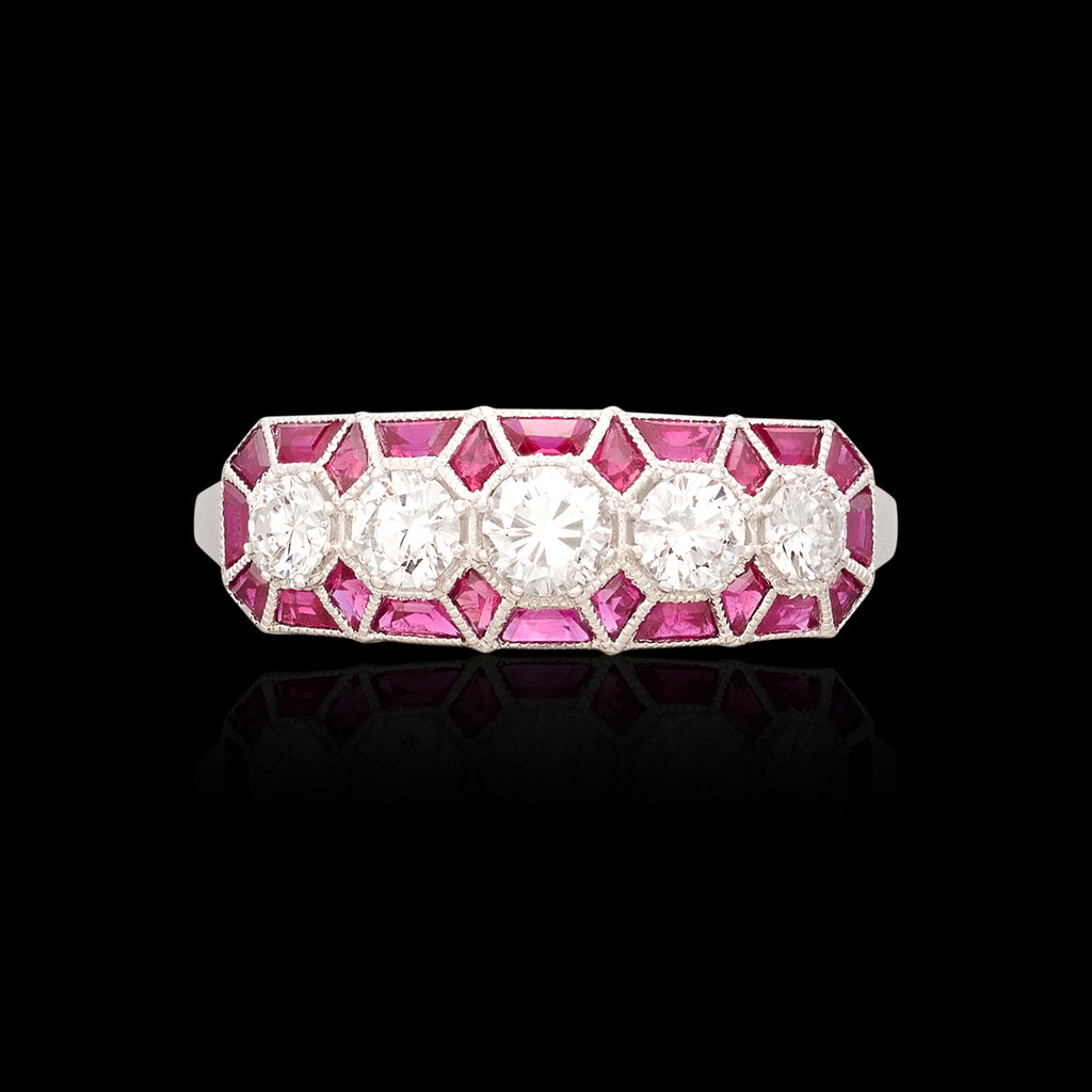 White Gold Diamond Band Ring with Ruby Accents