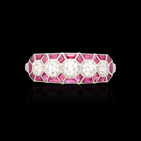 White Gold Diamond Band Ring with Ruby Accents