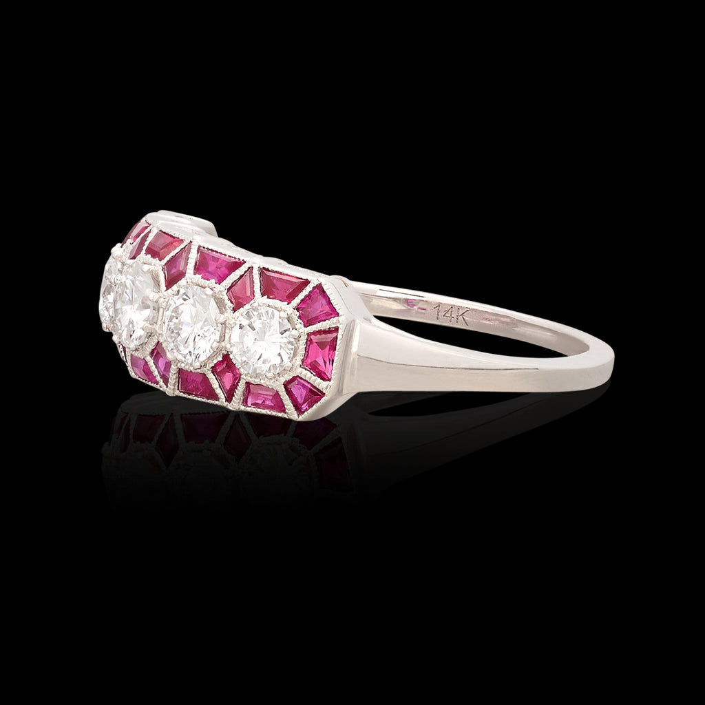 White Gold Diamond Band Ring with Ruby Accents