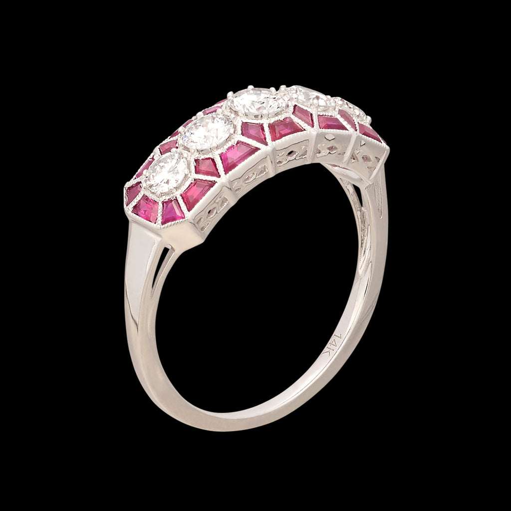 White Gold Diamond Band Ring with Ruby Accents