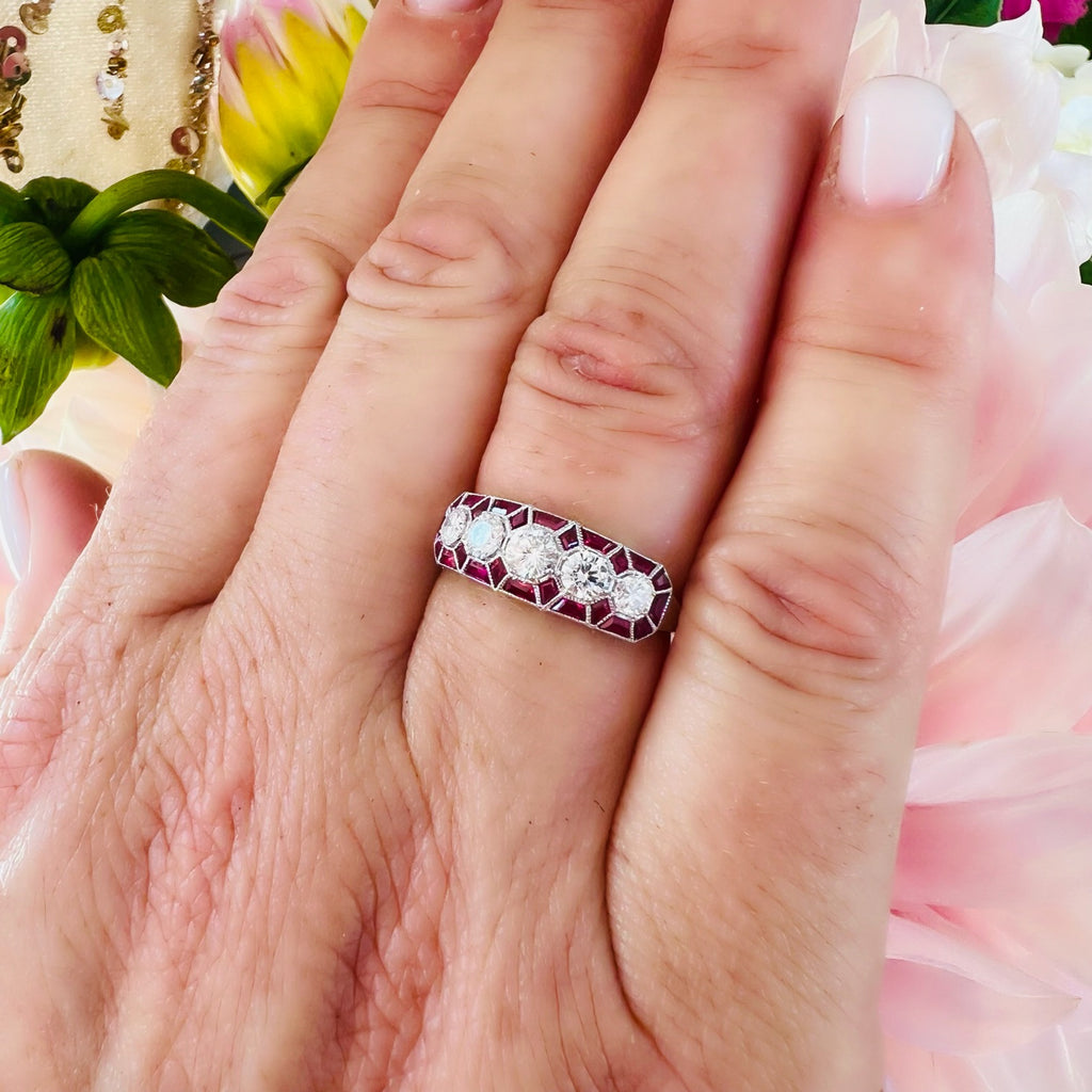 White Gold Diamond Band Ring with Ruby Accents