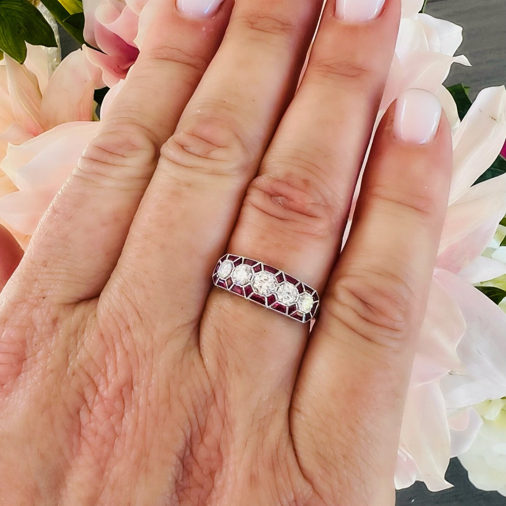 White Gold Diamond Band Ring with Ruby Accents - 66mint Fine