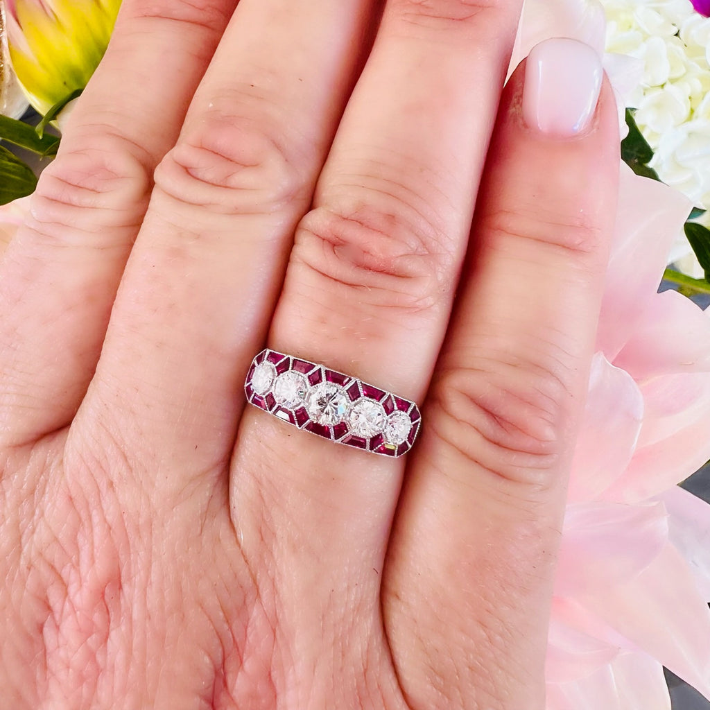 White Gold Diamond Band Ring with Ruby Accents