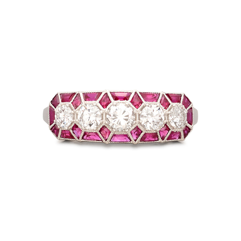 White Gold Diamond Band Ring with Ruby Accents