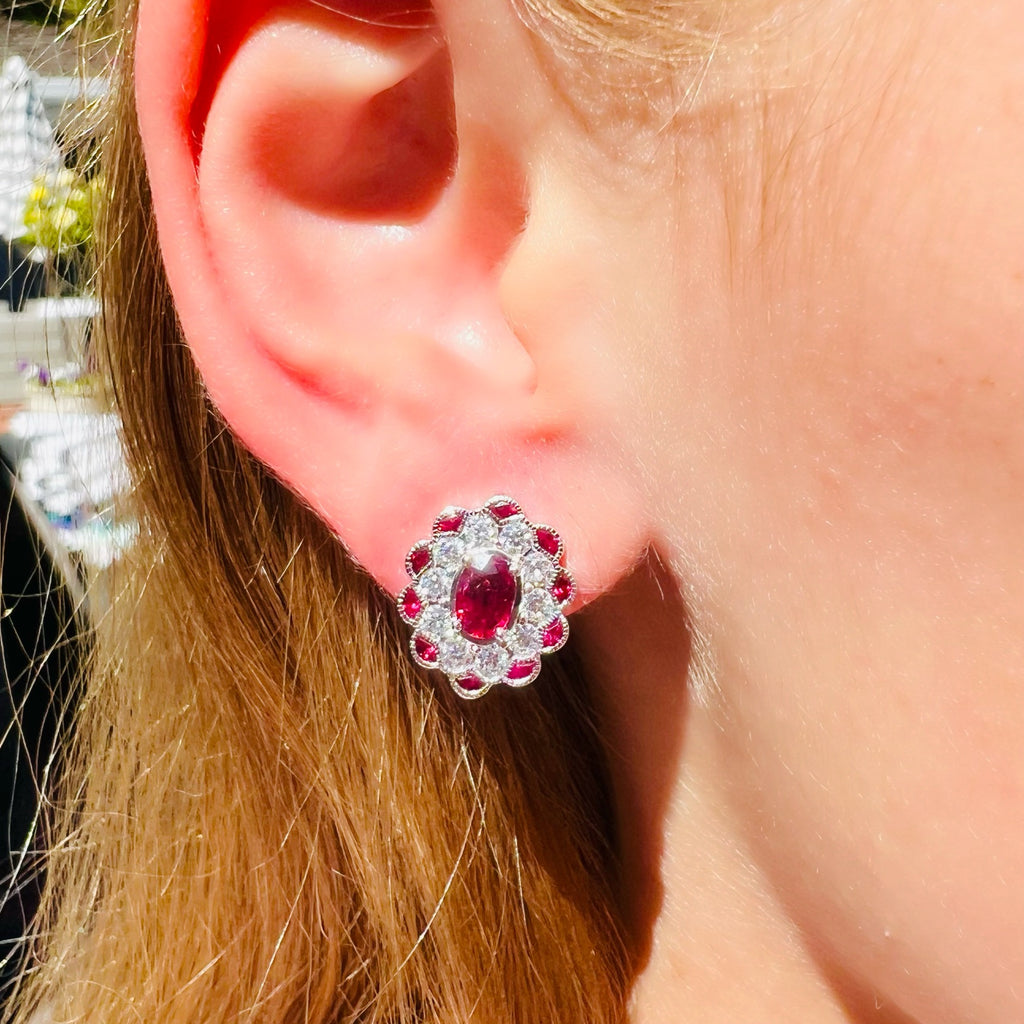 Vintage Style White Gold Ruby & Diamond Earrings