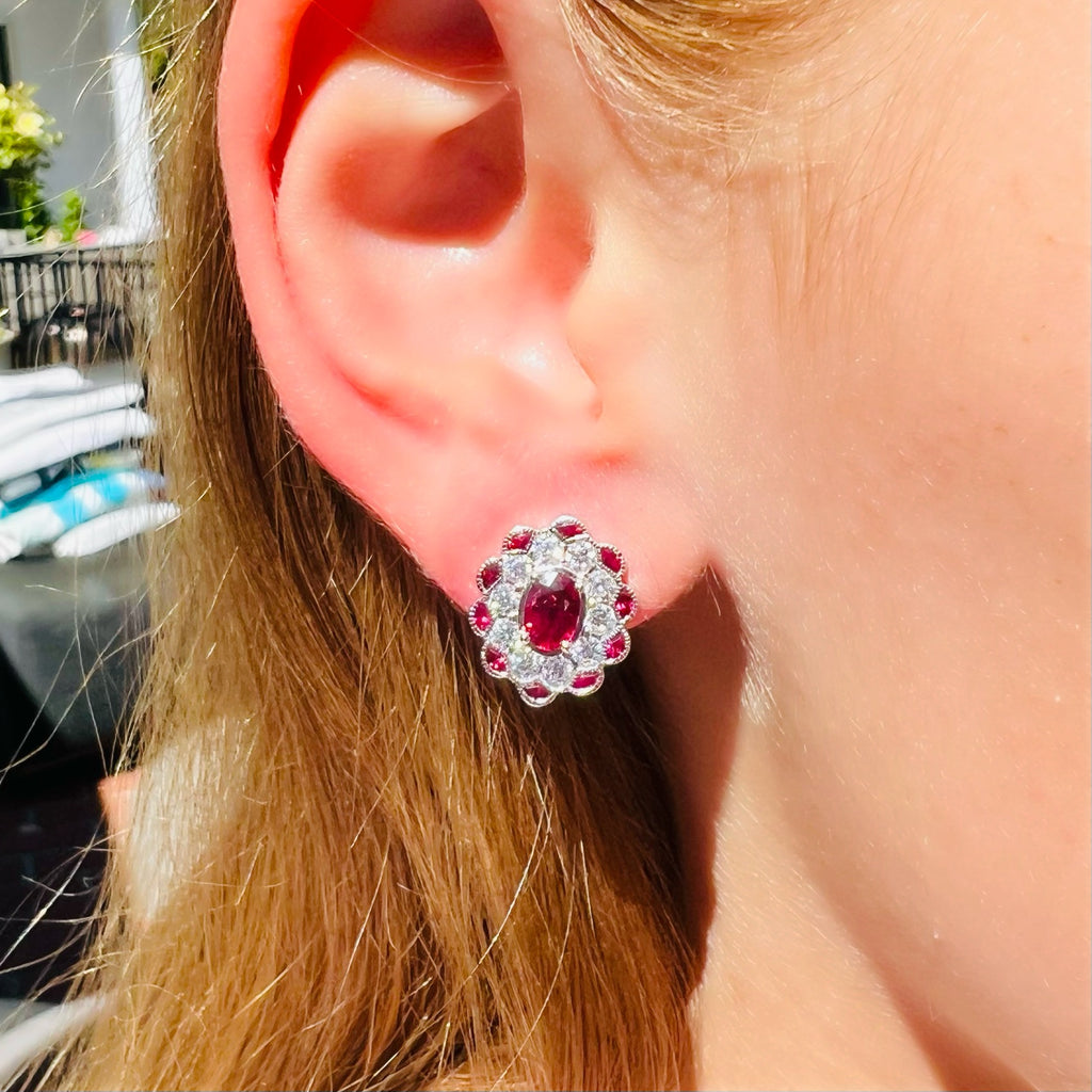 Vintage Style White Gold Ruby & Diamond Earrings
