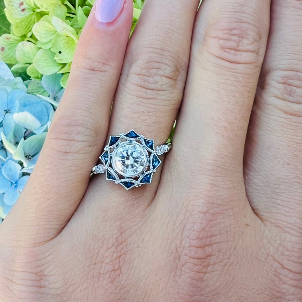 White Gold GIA Diamond & Sapphire Engagement Ring