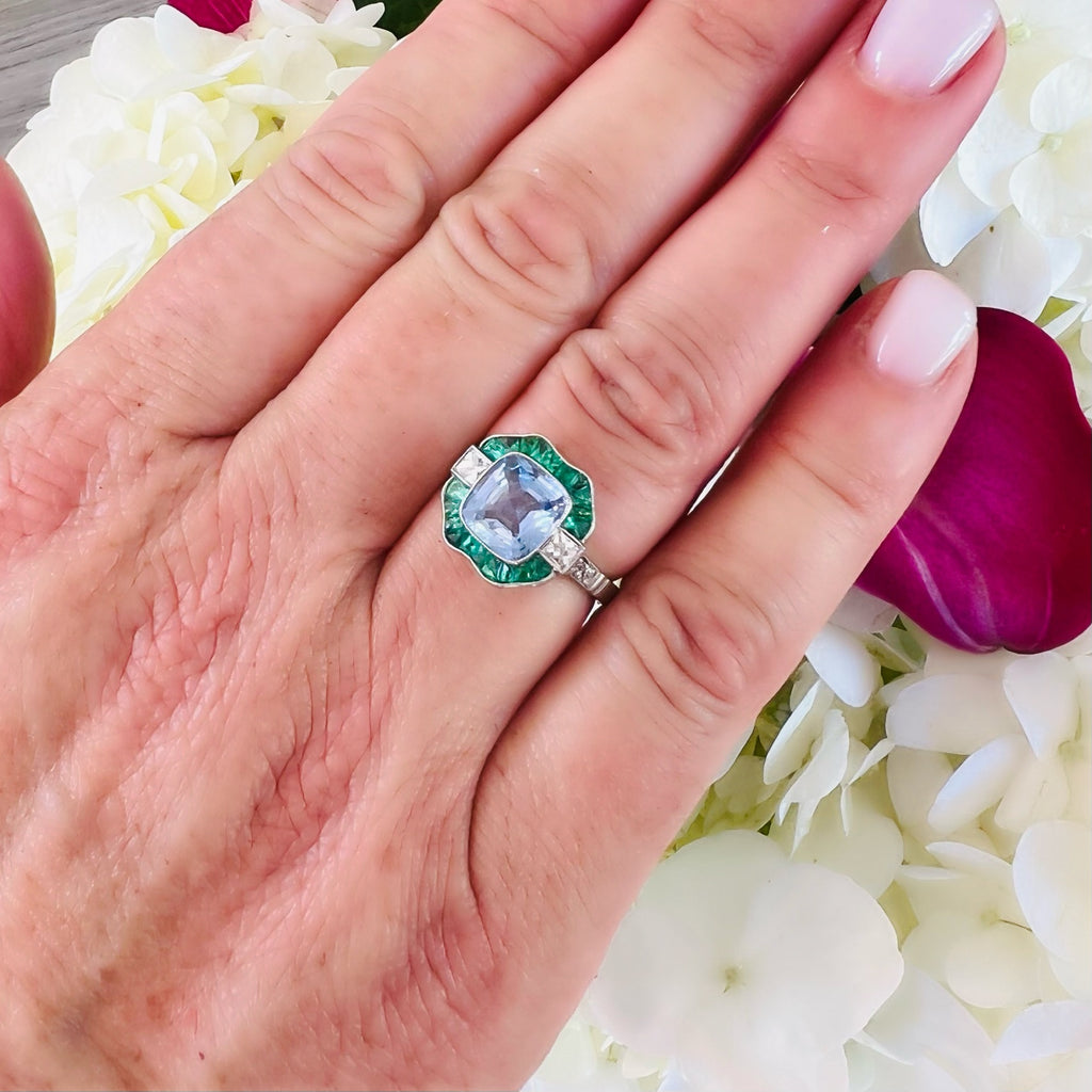 Exceptional Unheated Sapphire, Emerald & Diamond Ring