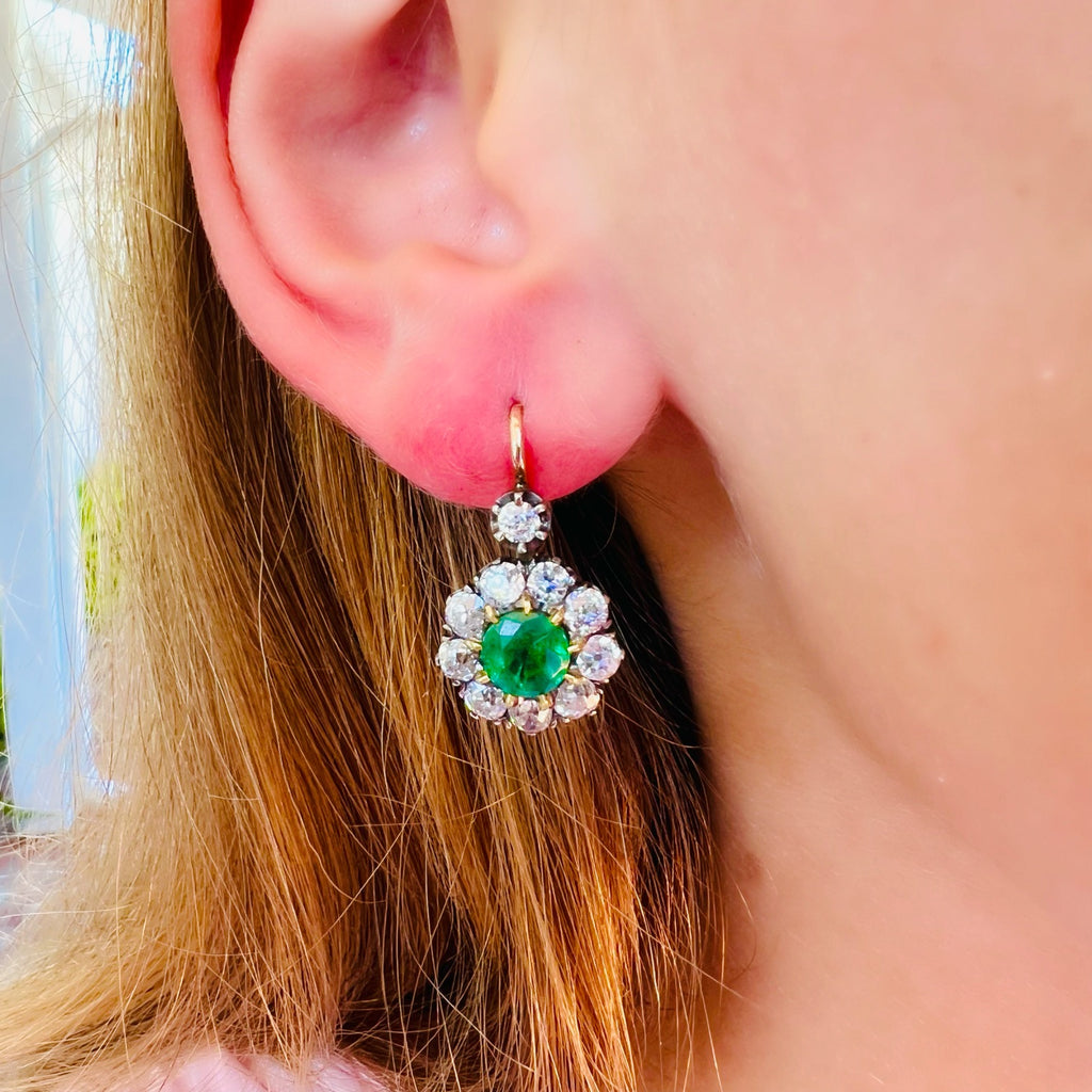 18kt Yellow Gold Emerald & Diamond Drop Earrings