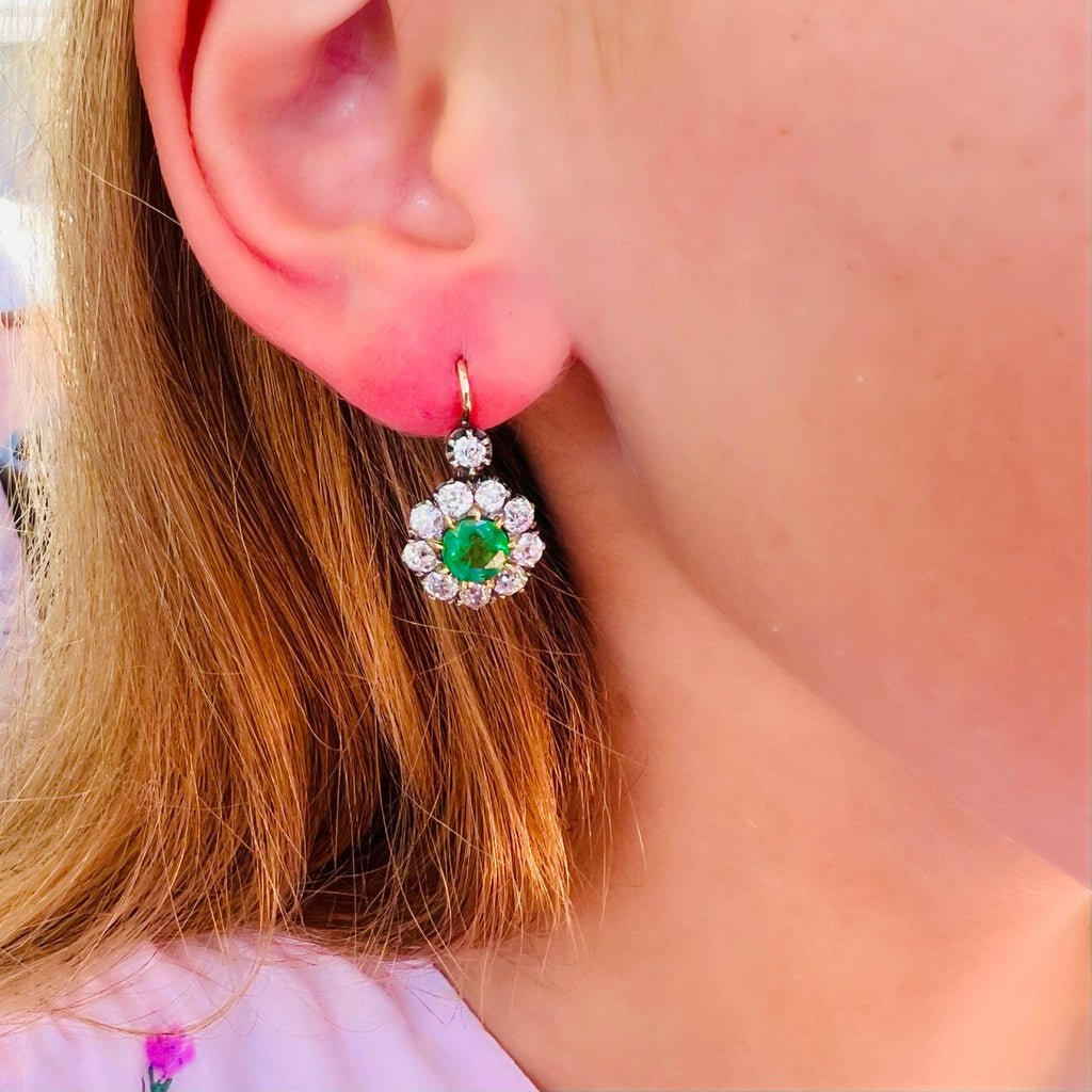 18kt Yellow Gold Emerald & Diamond Drop Earrings