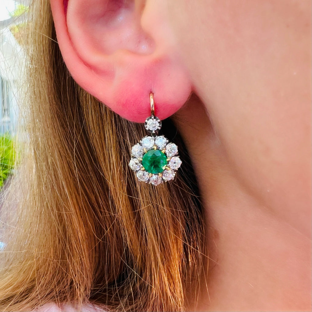 18kt Yellow Gold Emerald & Diamond Drop Earrings