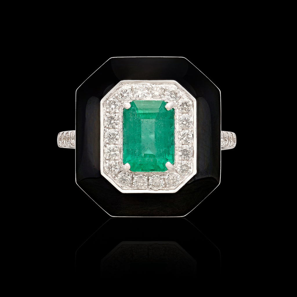 Unique Emerald, Diamond & Enamel Ring