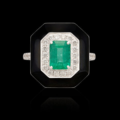 Unique Emerald, Diamond & Enamel Ring