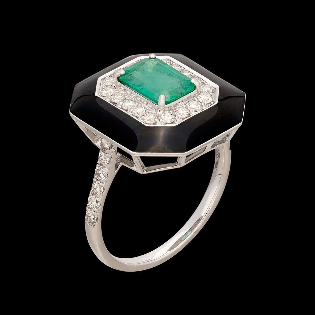 Unique Emerald, Diamond & Enamel Ring
