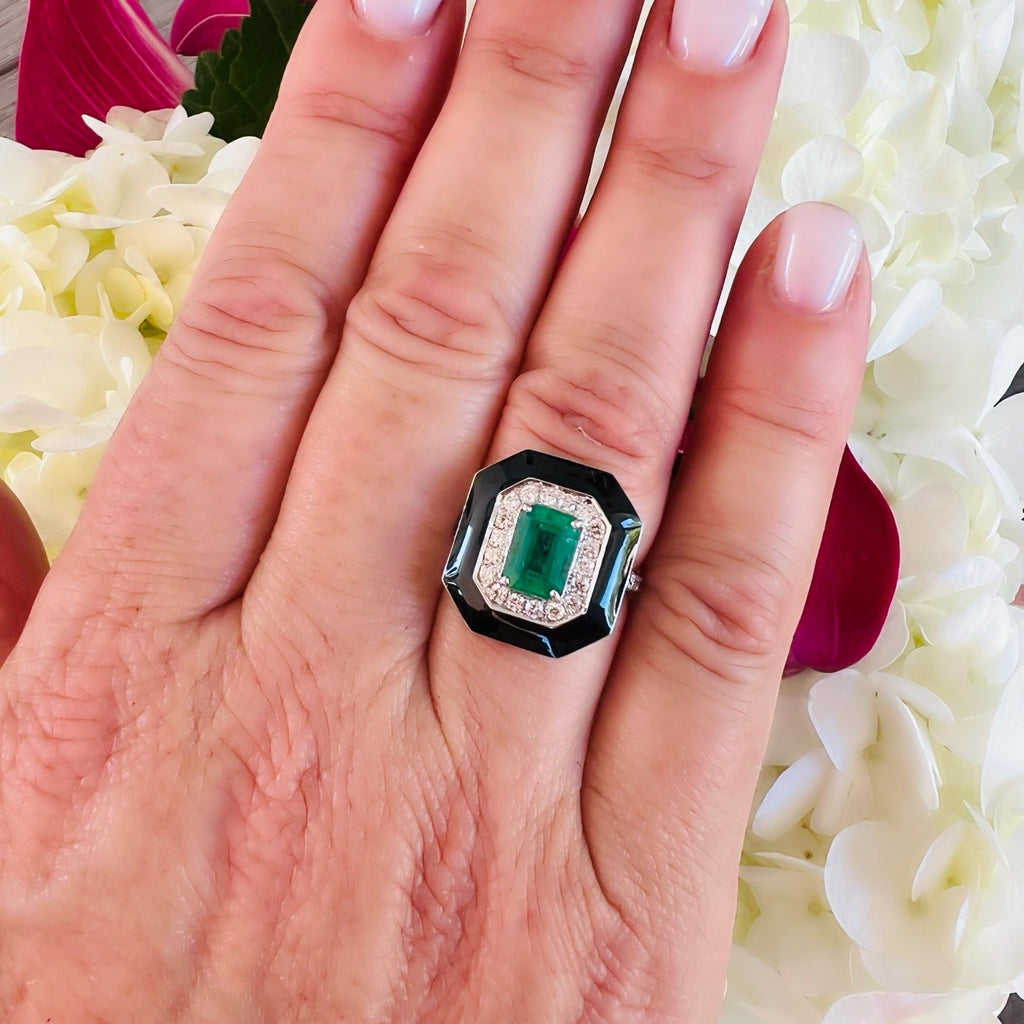 Unique Emerald, Diamond & Enamel Ring