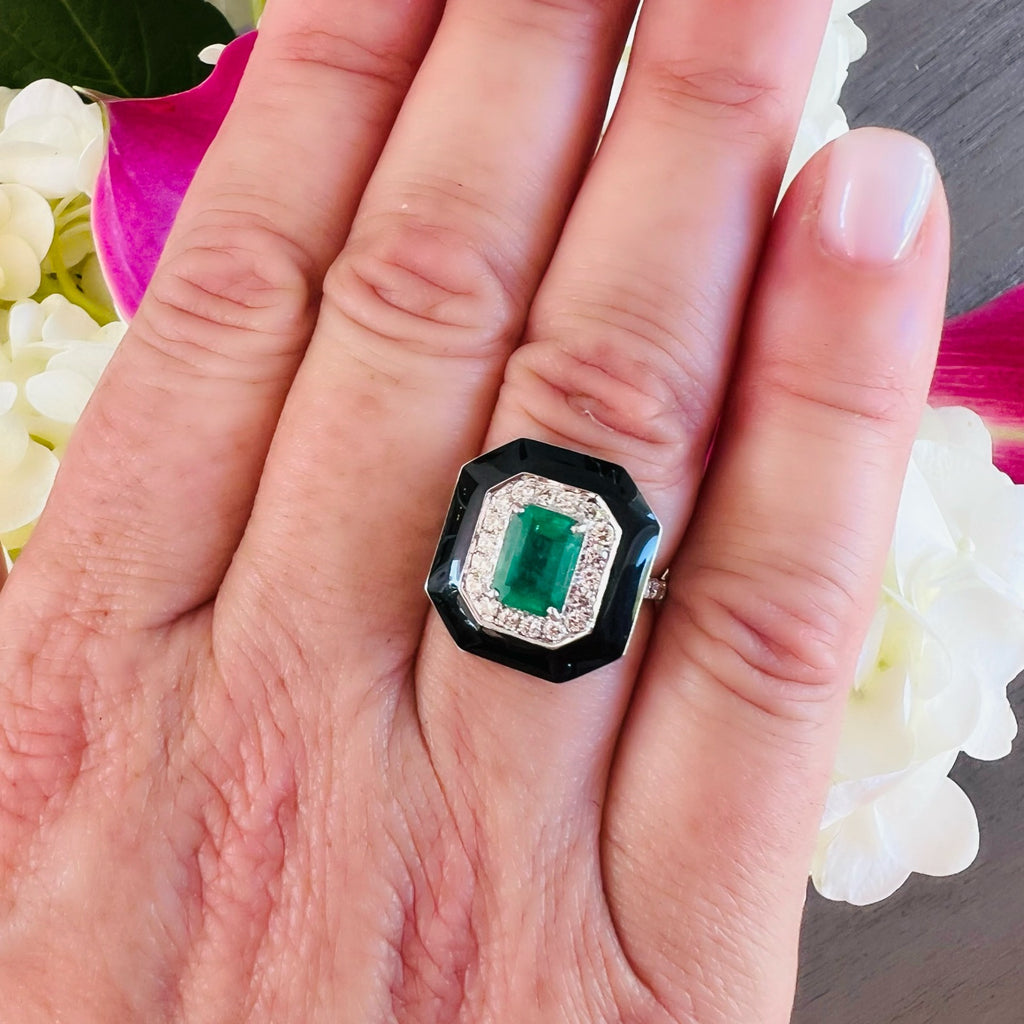 Unique Emerald, Diamond & Enamel Ring
