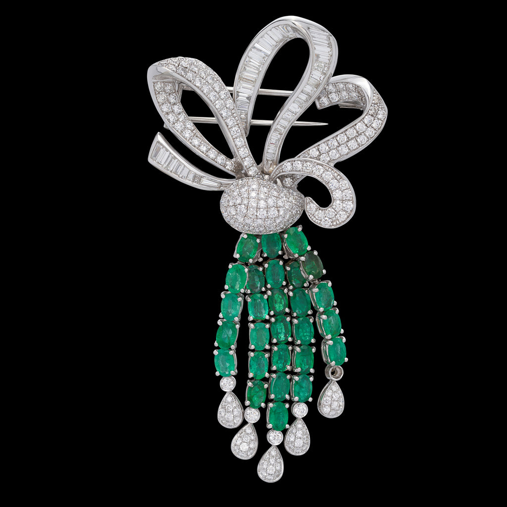 Impressive 18k White Gold Diamond & Emerald Brooch