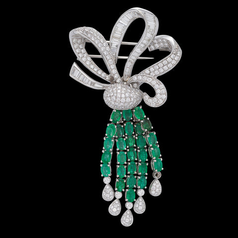 Impressive 18k White Gold Diamond & Emerald Brooch