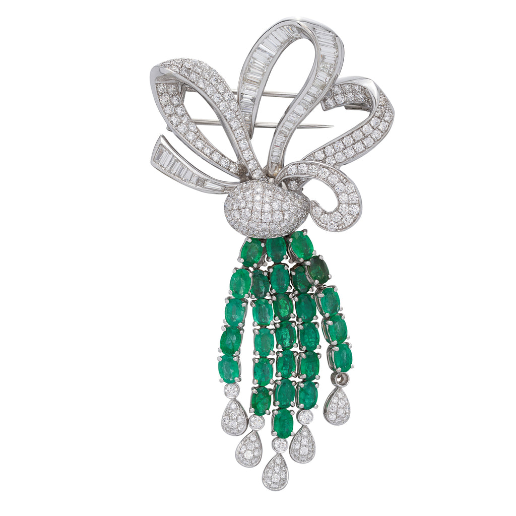 Impressive 18k White Gold Diamond & Emerald Brooch