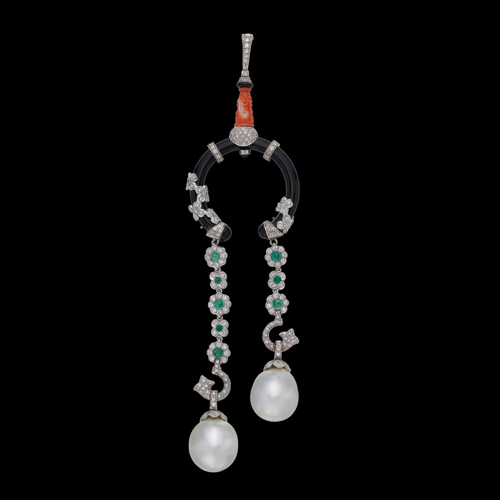Unique Coral, Pearl, Diamond & Emerald Pendant