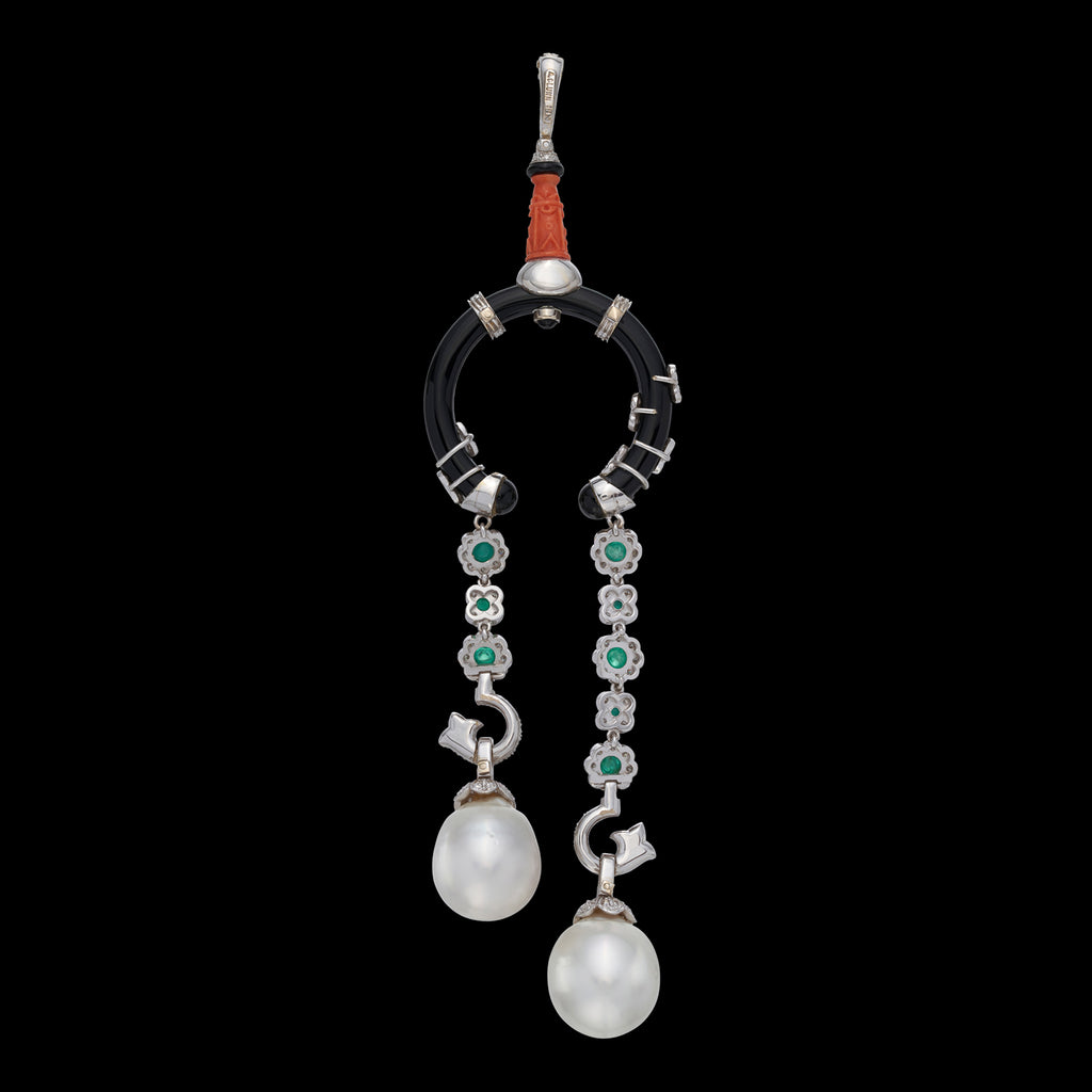 Unique Coral, Pearl, Diamond & Emerald Pendant
