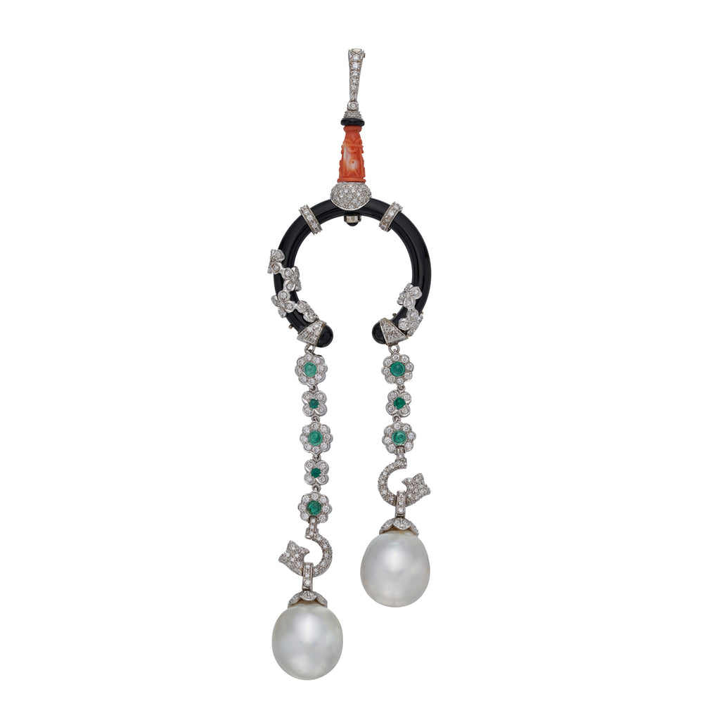 Unique Coral, Pearl, Diamond & Emerald Pendant