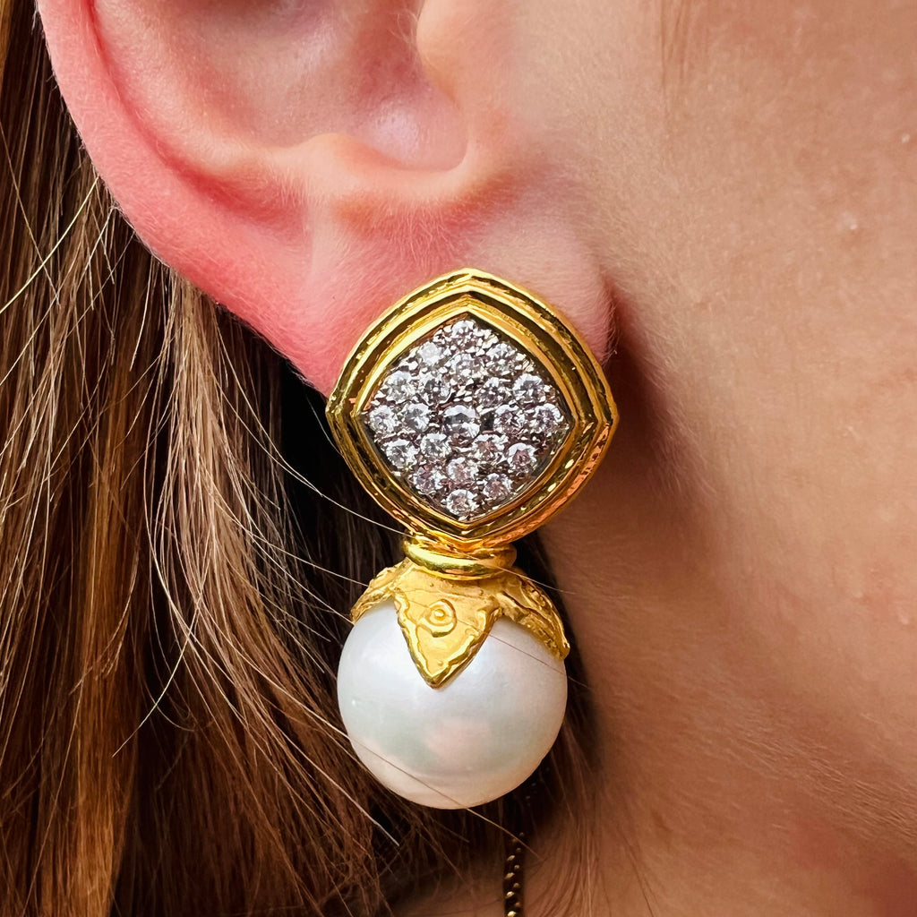 18k Hammered Gold Pearl & Diamond Earrings