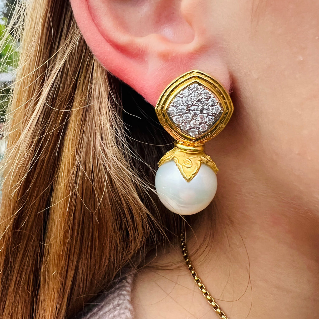 18k Hammered Gold Pearl & Diamond Earrings