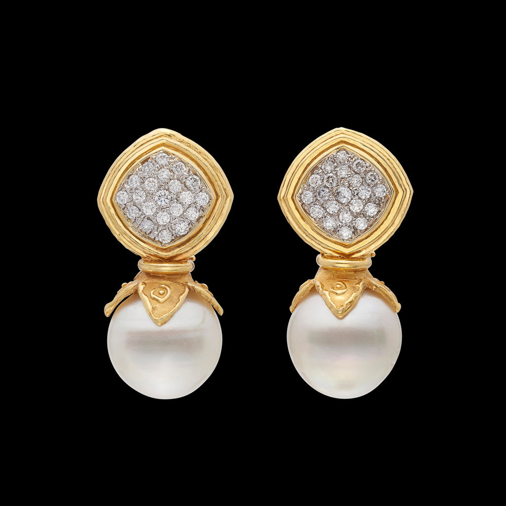 18k Hammered Gold Pearl & Diamond Earrings