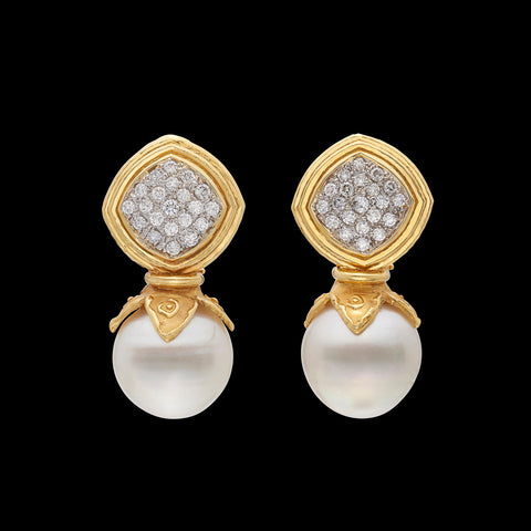 18k Hammered Gold Pearl & Diamond Earrings