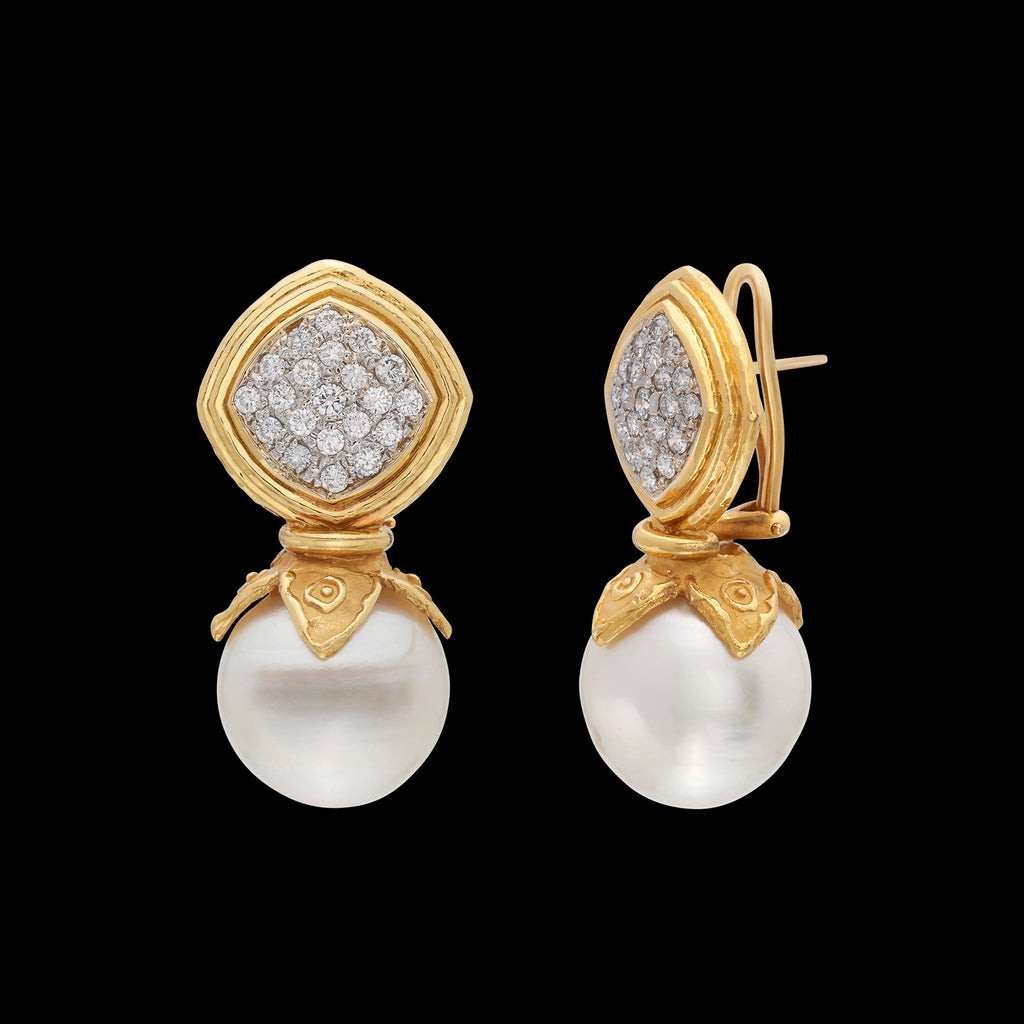 18k Hammered Gold Pearl & Diamond Earrings