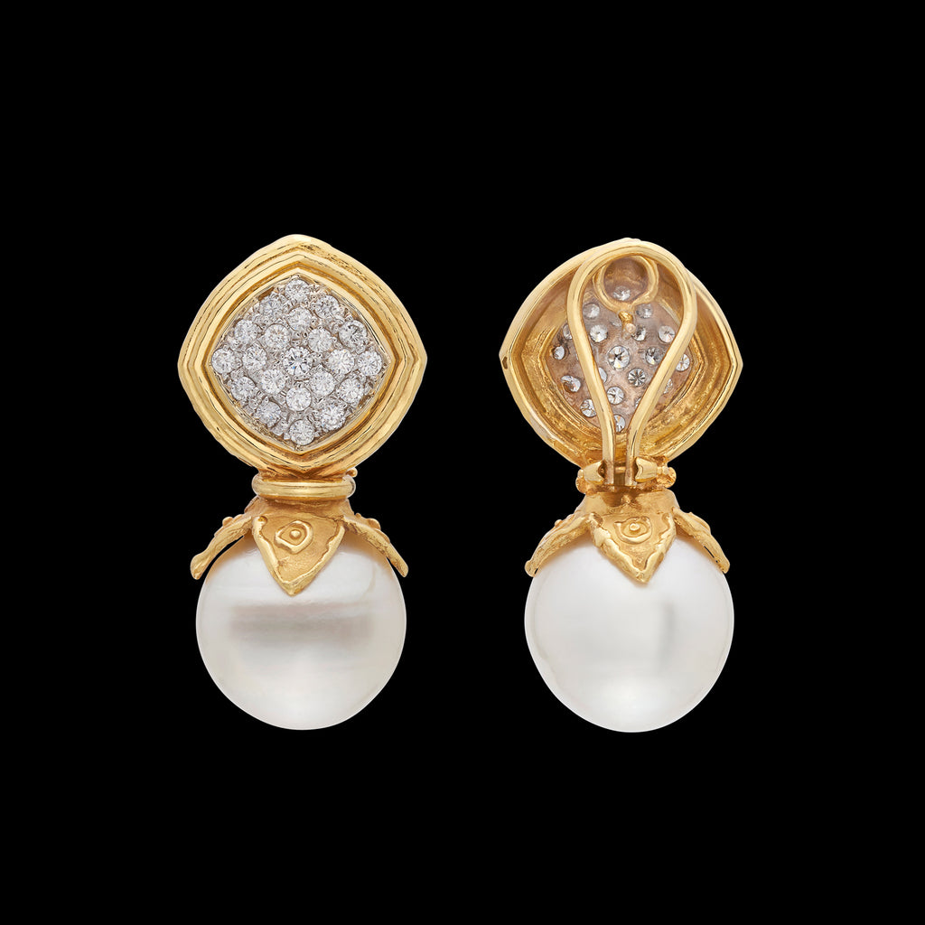 18k Hammered Gold Pearl & Diamond Earrings