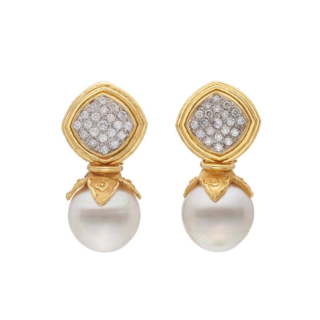 18k Hammered Gold Pearl & Diamond Earrings