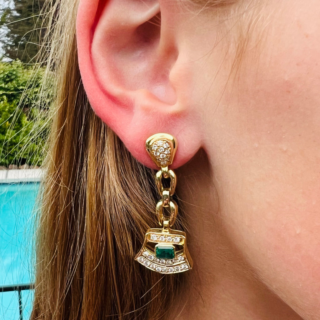 18kt Yellow Gold Diamond & Emerald Drop Earrings