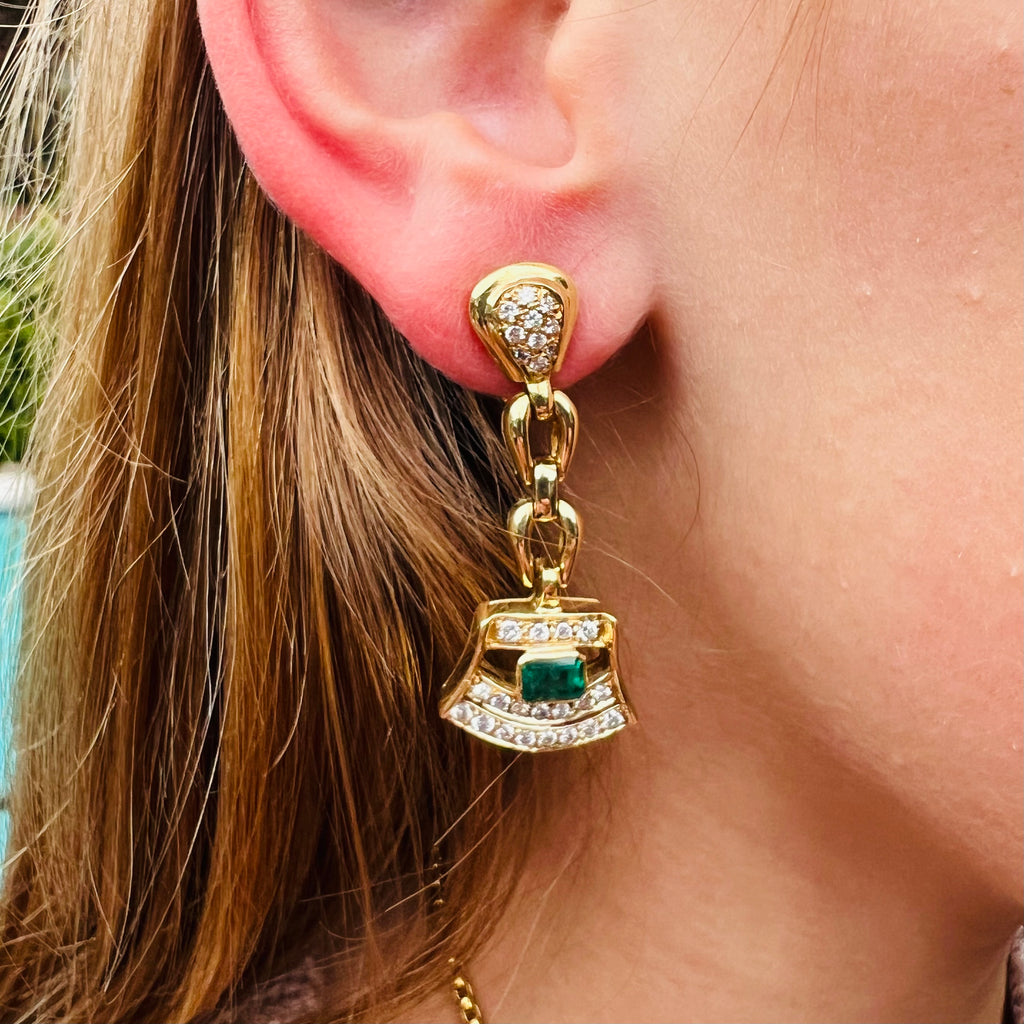 18kt Yellow Gold Diamond & Emerald Drop Earrings