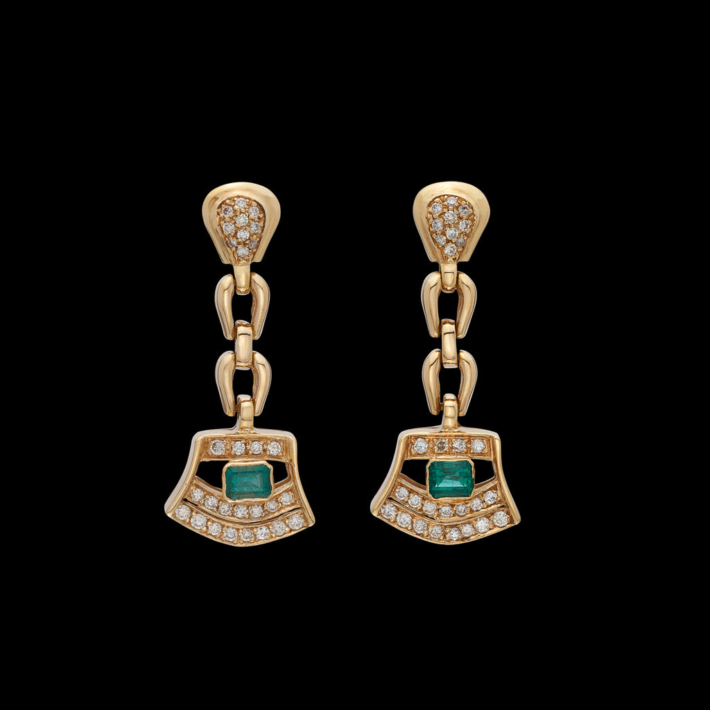 18kt Yellow Gold Diamond & Emerald Drop Earrings