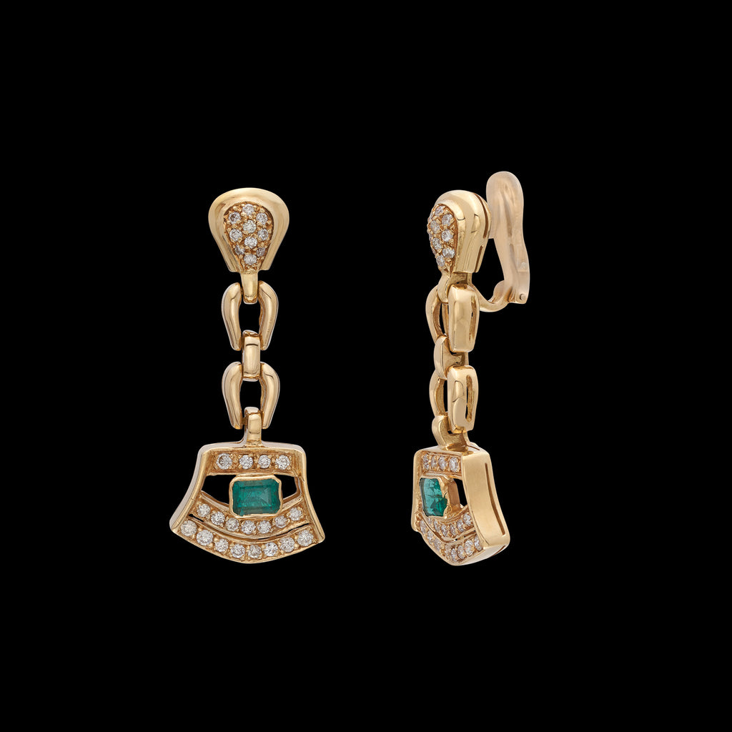 18kt Yellow Gold Diamond & Emerald Drop Earrings
