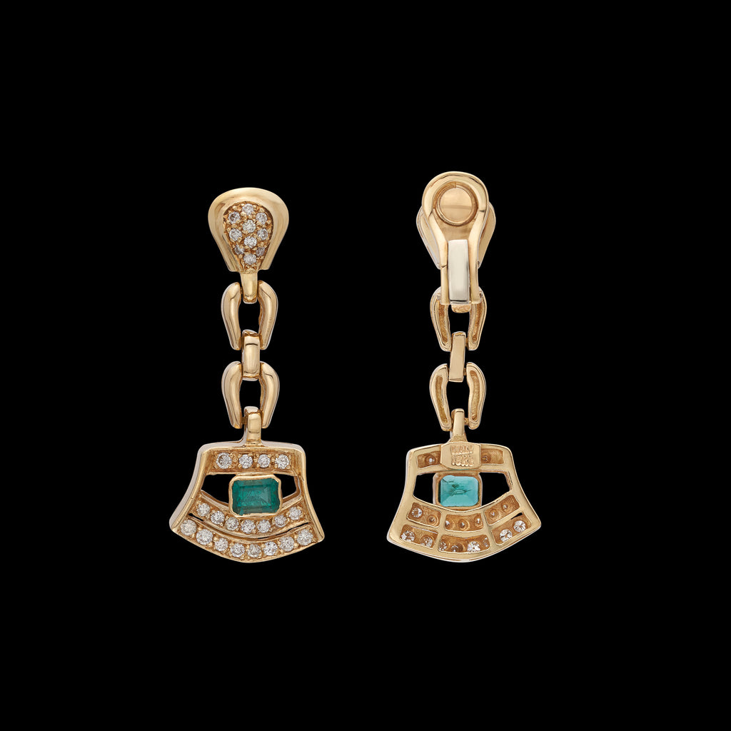 18kt Yellow Gold Diamond & Emerald Drop Earrings