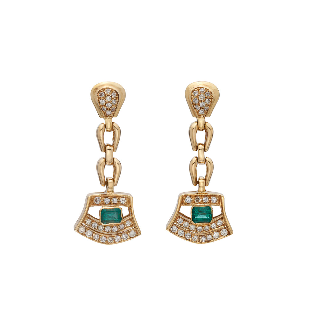 18kt Yellow Gold Diamond & Emerald Drop Earrings