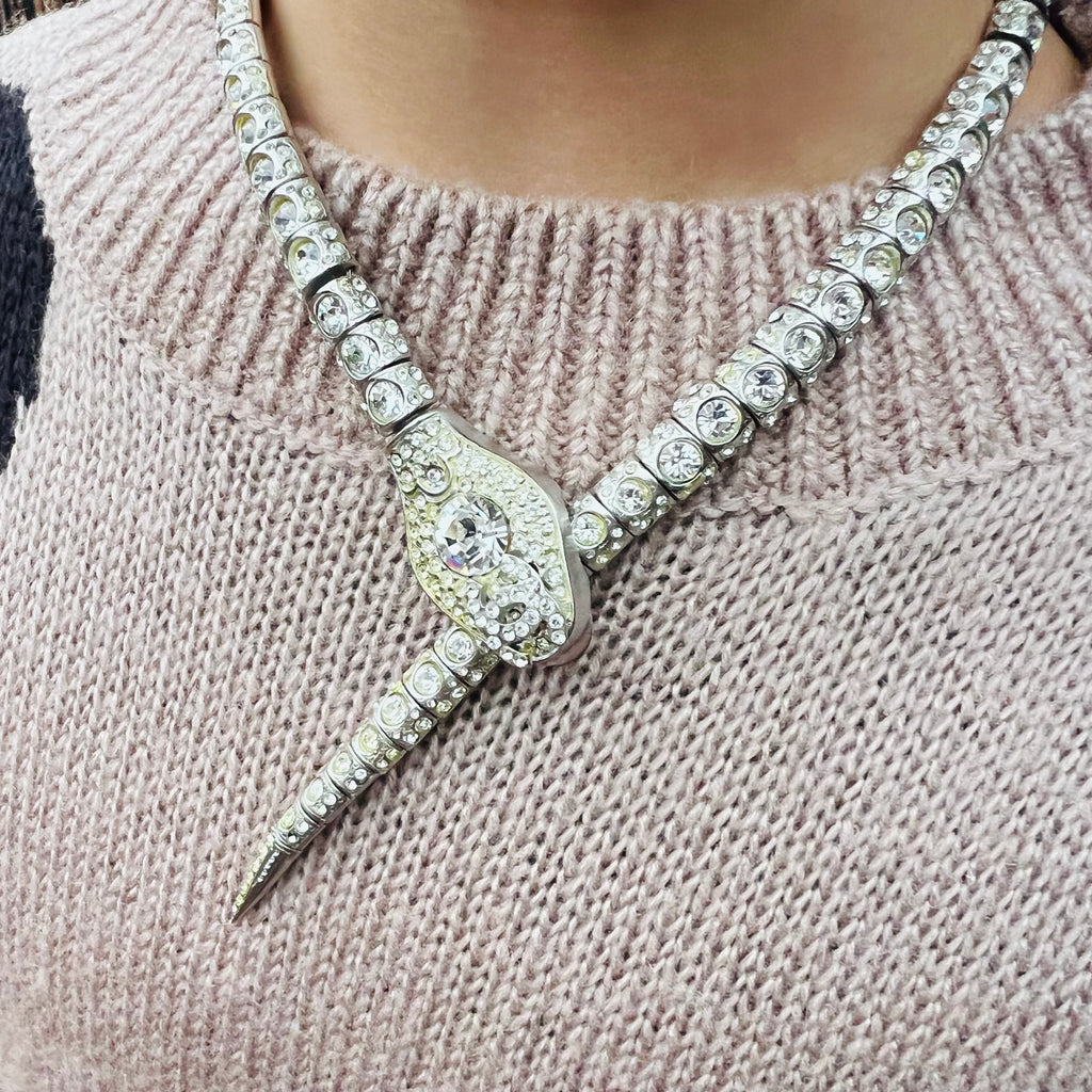 Chanel Silver Tone Rhinestone Snake Necklace