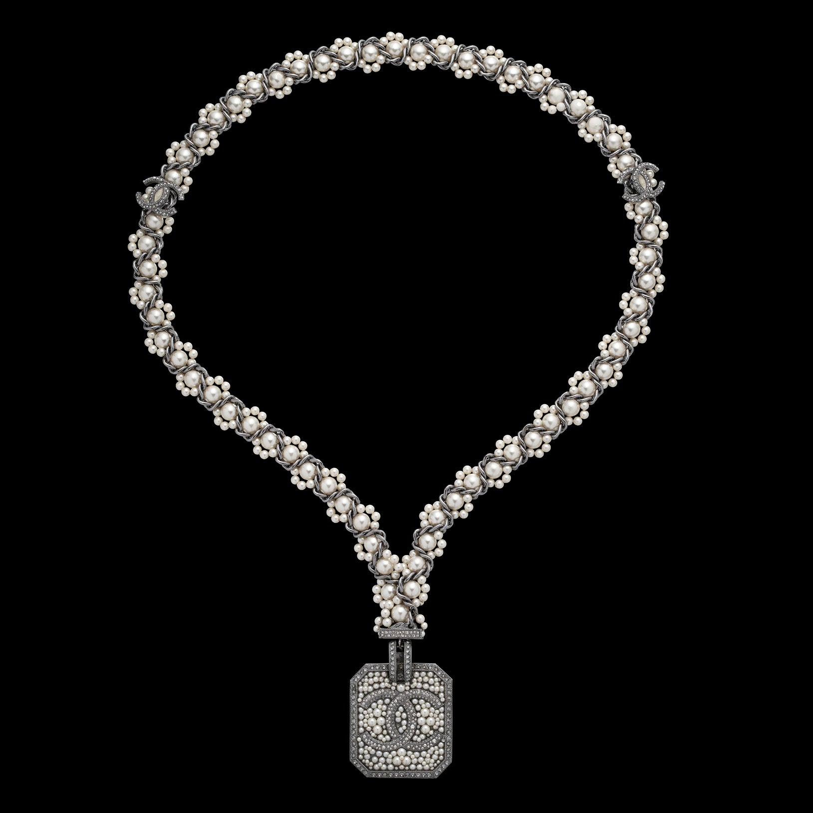Chanel Faux Pearl Strass CC Lanyard Pendant Necklace