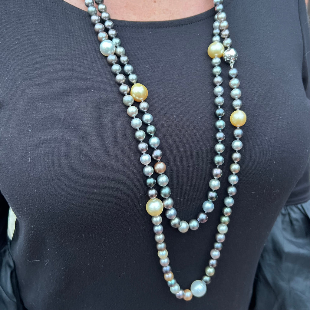 14k White Gold, Colored Cultured Pearl and Diamond Necklace