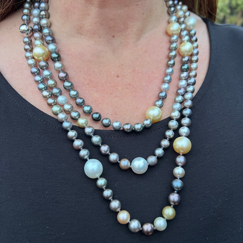 14k White Gold, Colored Cultured Pearl and Diamond Necklace