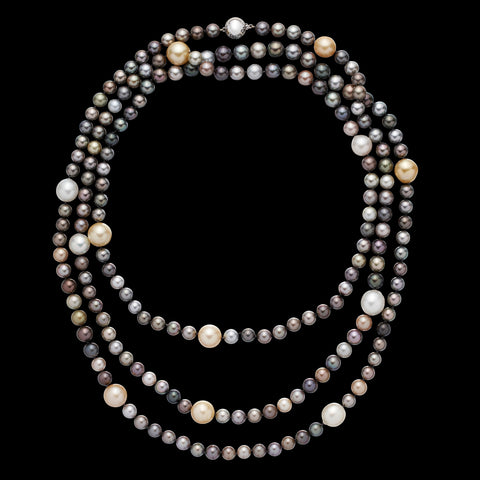 14k White Gold, Colored Cultured Pearl and Diamond Necklace
