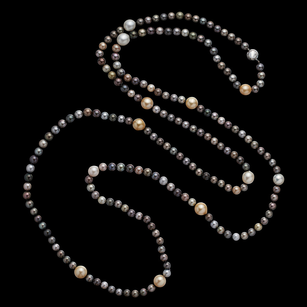 14k White Gold, Colored Cultured Pearl and Diamond Necklace