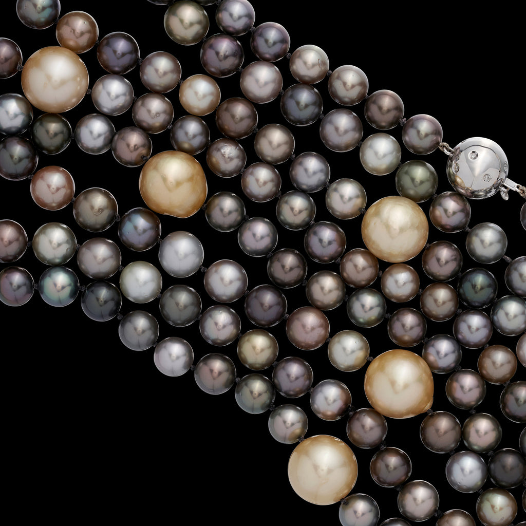 14k White Gold, Colored Cultured Pearl and Diamond Necklace