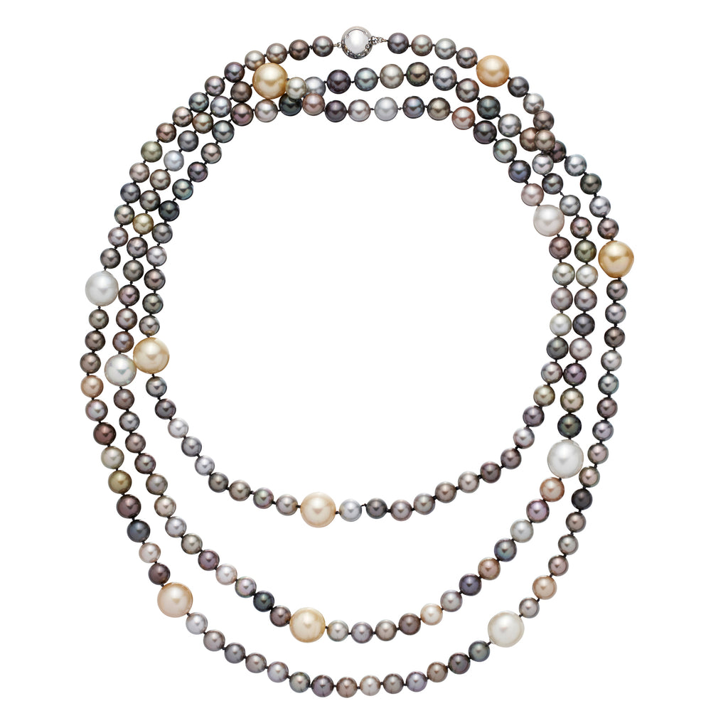 14k White Gold, Colored Cultured Pearl and Diamond Necklace