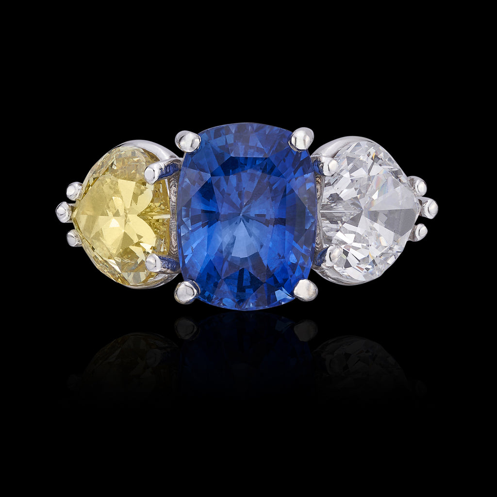 Spectacular Custom Sapphire ,Yellow & White Heart Diamond Ring